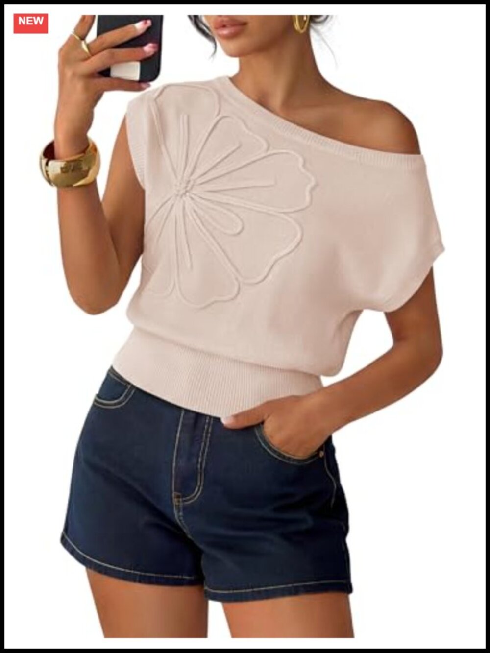 Floral Off Shoulder Short Sleeve Sweater Vest Lightweight Knit